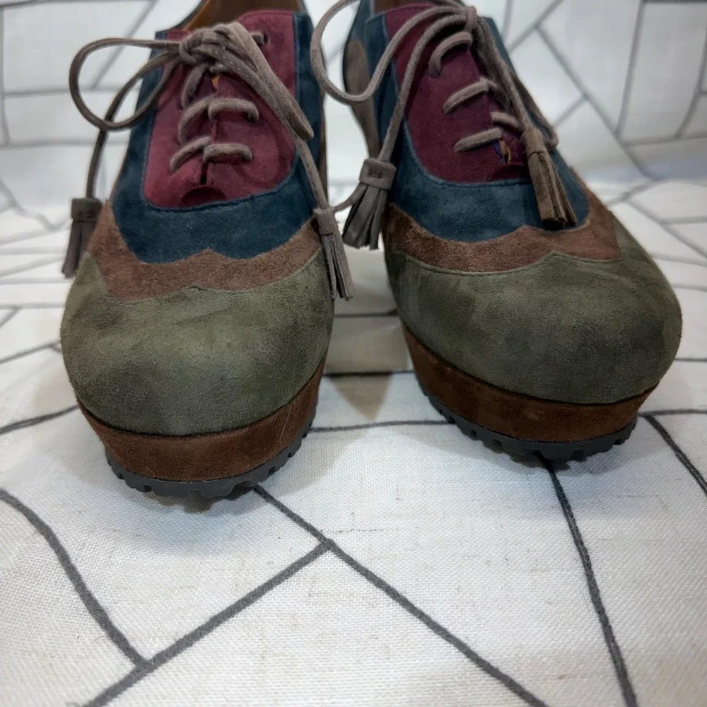 Earthies Skellig Platform Oxfords 7.5B Dark Olive Multi Suede Colorblock Tassel